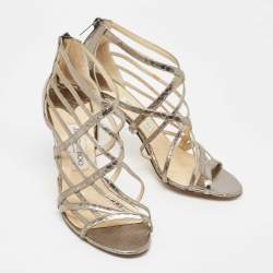 Jimmy Choo Metallic Grey Watersnake Strappy Peep Toe Sandals Size 39