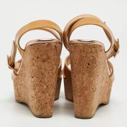 Jimmy Choo Beige Patent Leather Papyrus Cork Wedge Sandals Size 38.5