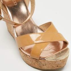 Jimmy Choo Beige Patent Leather Papyrus Cork Wedge Sandals Size 38.5