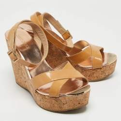 Jimmy Choo Beige Patent Leather Papyrus Cork Wedge Sandals Size 38.5