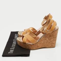 Jimmy Choo Beige Patent Leather Papyrus Cork Wedge Sandals Size 38.5