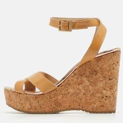 Jimmy Choo Beige Patent Leather Papyrus Cork Wedge Sandals Size 38.5