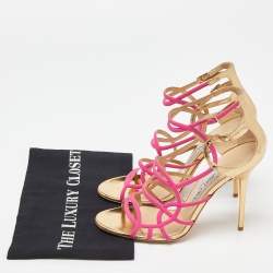 مملوكة مسبقًا Jimmy Choo Pink/Gold Leather and Fabric Buckle Detail Cage Sandals Size 39