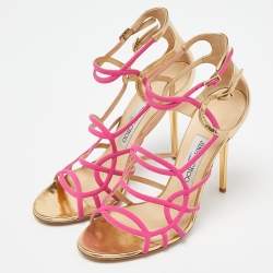 مملوكة مسبقًا Jimmy Choo Pink/Gold Leather and Fabric Buckle Detail Cage Sandals Size 39