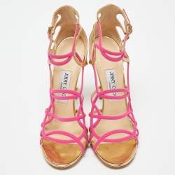 مملوكة مسبقًا Jimmy Choo Pink/Gold Leather and Fabric Buckle Detail Cage Sandals Size 39