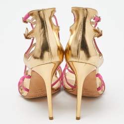 مملوكة مسبقًا Jimmy Choo Pink/Gold Leather and Fabric Buckle Detail Cage Sandals Size 39