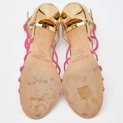 مملوكة مسبقًا Jimmy Choo Pink/Gold Leather and Fabric Buckle Detail Cage Sandals Size 39