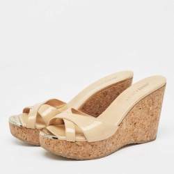 Pre Owned Jimmy Choo Beige Patent Leather Prima Cork Wedge Sandals Size 39