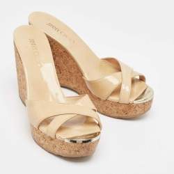 Pre Owned Jimmy Choo Beige Patent Leather Prima Cork Wedge Sandals Size 39