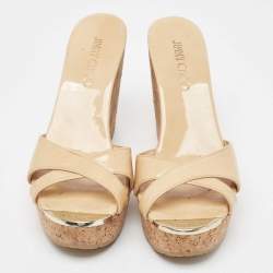 Pre Owned Jimmy Choo Beige Patent Leather Prima Cork Wedge Sandals Size 39