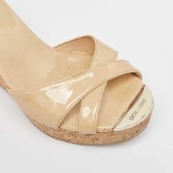 Pre Owned Jimmy Choo Beige Patent Leather Prima Cork Wedge Sandals Size 39