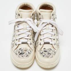 Jimmy Choo White Leather Tokyo Crystal Embellished High Top Sneakers Size 37.5
