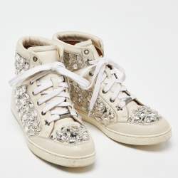 Jimmy Choo White Leather Tokyo Crystal Embellished High Top Sneakers Size 37.5