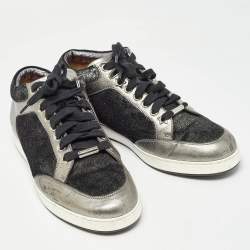 Jimmy Choo Grey Glitter Velvet and Leather Miami Low Top Sneakers Size 38