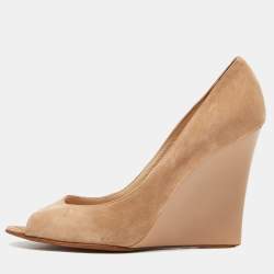 Jimmy Choo Beige Suede and Patent Leather Baxen Wedge Peep Toe Pumps Size 39