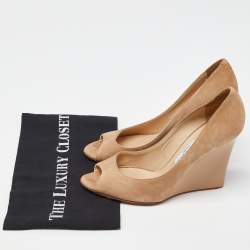 Jimmy Choo Beige Suede and Patent Leather Baxen Wedge Peep Toe Pumps Size 39