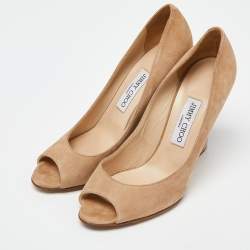 Jimmy Choo Beige Suede and Patent Leather Baxen Wedge Peep Toe Pumps Size 39