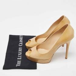 Jimmy Choo Beige Patent Leather Crown Peep Toe Pumps Size 40.5