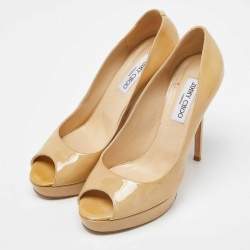 Jimmy Choo Beige Patent Leather Crown Peep Toe Pumps Size 40.5