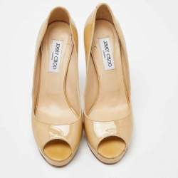 Jimmy Choo Beige Patent Leather Crown Peep Toe Pumps Size 40.5