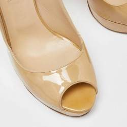 Jimmy Choo Beige Patent Leather Crown Peep Toe Pumps Size 40.5