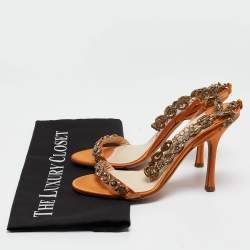 Jimmy Choo Orange Satin Crystals Embellished Sandals Size 37