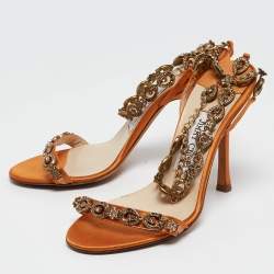 Jimmy Choo Orange Satin Crystals Embellished Sandals Size 37