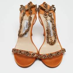 Jimmy Choo Orange Satin Crystals Embellished Sandals Size 37