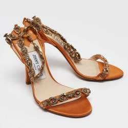 Jimmy Choo Orange Satin Crystals Embellished Sandals Size 37