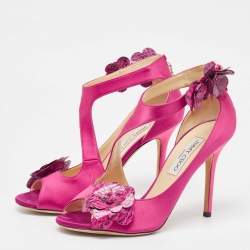 Jimmy Choo Pink Satin and Python Flower Applique Sandals Size 39.5