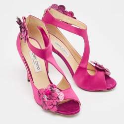 Jimmy Choo Pink Satin and Python Flower Applique Sandals Size 39.5