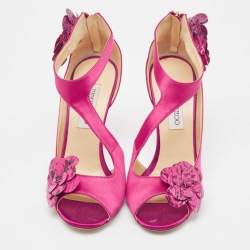 Jimmy Choo Pink Satin and Python Flower Applique Sandals Size 39.5