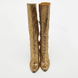 Pre Owned Jimmy Choo Gold Python Leather Knee Length Boots Size 37