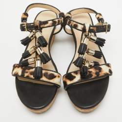 مملوكة مسبقًا Jimmy Choo Brown/Black Calf Hair and Leather Wedge Ankle Strap Sandals Size 38.5
