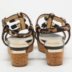 مملوكة مسبقًا Jimmy Choo Brown/Black Calf Hair and Leather Wedge Ankle Strap Sandals Size 38.5
