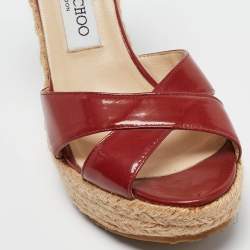Jimmy Choo Burgundy Patent Leather Phoenix Espadrille Wedge Sandals Size 38