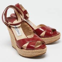 Jimmy Choo Burgundy Patent Leather Phoenix Espadrille Wedge Sandals Size 38