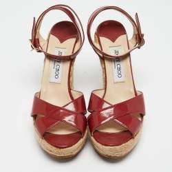 Jimmy Choo Burgundy Patent Leather Phoenix Espadrille Wedge Sandals Size 38