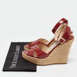 Jimmy Choo Burgundy Patent Leather Phoenix Espadrille Wedge Sandals Size 38