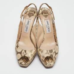 Jimmy Choo Brown/Beige Python Embossed Leather Slingback Peep Toe Pumps Size 39.5