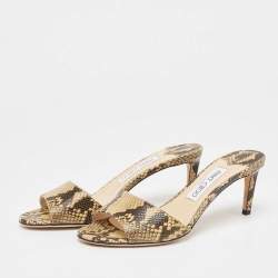 مملوكة مسبقًا Jimmy Choo Beige/Brown Python Embossed Leather Open Toe Slide Sandals Size 38