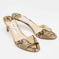 مملوكة مسبقًا Jimmy Choo Beige/Brown Python Embossed Leather Open Toe Slide Sandals Size 38