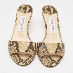 مملوكة مسبقًا Jimmy Choo Beige/Brown Python Embossed Leather Open Toe Slide Sandals Size 38