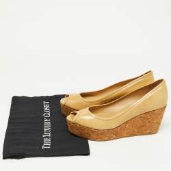 Pre Owned Jimmy Choo Beige Patent Leather Cork Wedge Parley Pumps Size 39