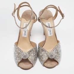 Pre Owned Jimmy Choo Silver Crystal Embellished Leather Sacora Ankle Strap Sandals Size 40