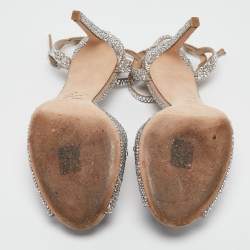 Pre Owned Jimmy Choo Silver Crystal Embellished Leather Sacora Ankle Strap Sandals Size 40