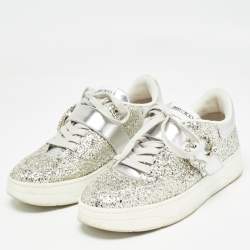 Pre Owned Jimmy Choo Silver Glitter and Leather Osaka Sneakers Size 38.5