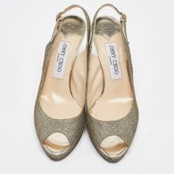 Jimmy Choo Gold Lace Glitter Nova Peep Toe Slingback Sandals Size 37