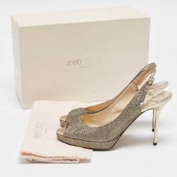 Jimmy Choo Gold Lace Glitter Nova Peep Toe Slingback Sandals Size 37