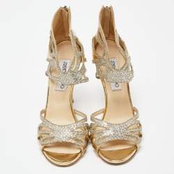 Jimmy Choo Gold Laminated Leather and Glitter Zip Sandals Size 37